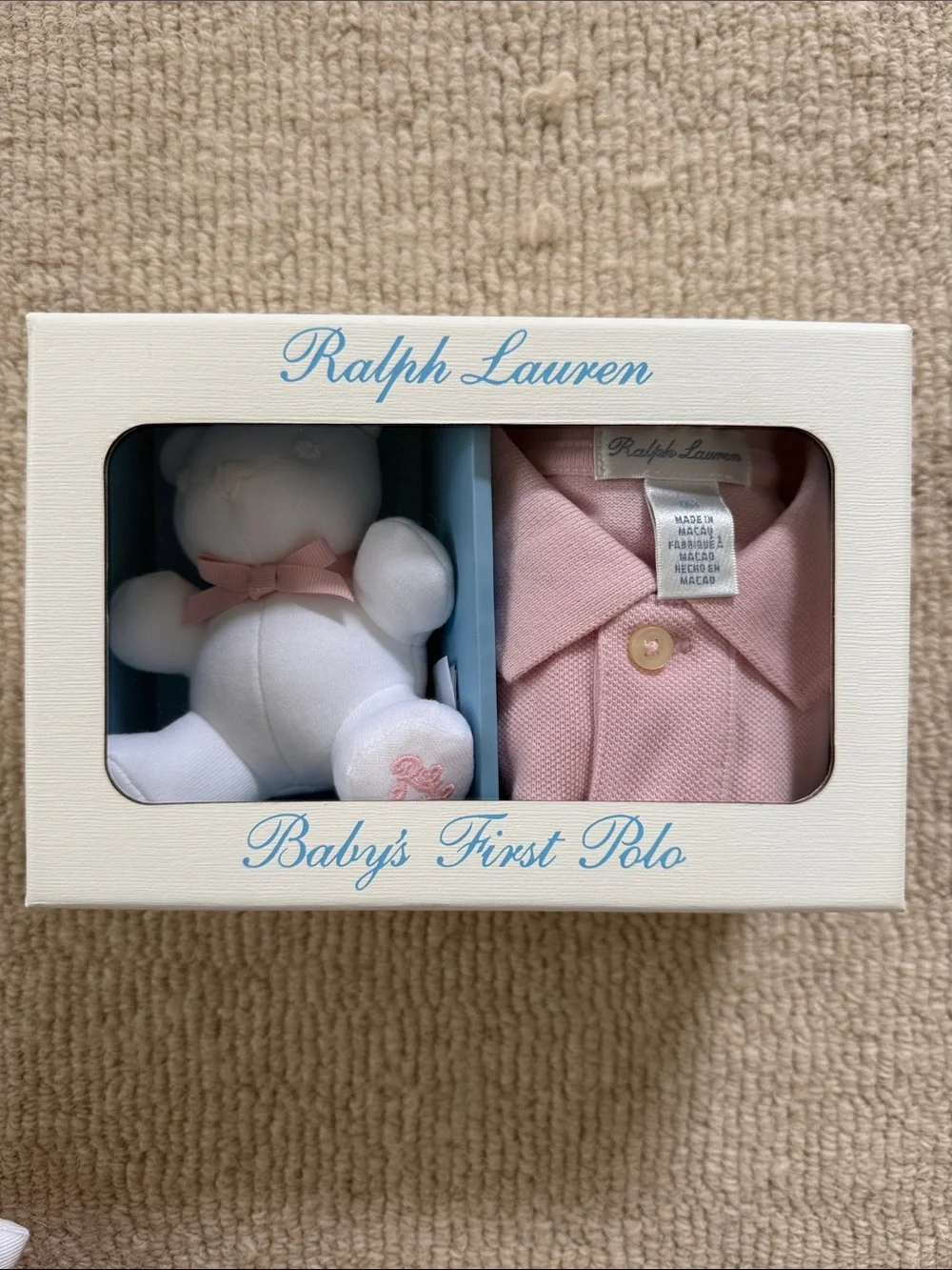 Ralph Lauren Baby's First Polo White Bear with Pink Knit Polo Gift Set